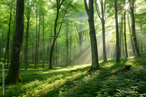 Lush Green Forest with Sunlight Streaming Through the Canopy