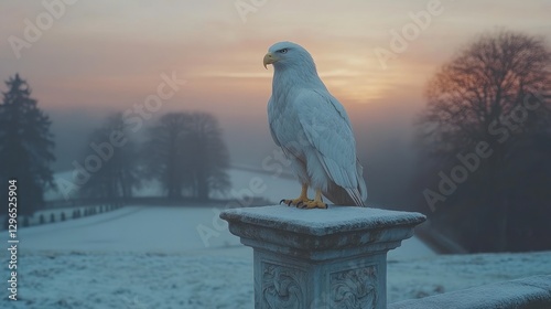 White hawk perched on stone column at sunrise in snowy landscape. photo