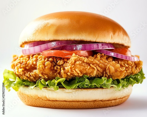 Professional studio photography of a fried chicken burger Delicious crispy chicken burger with fresh toppings.