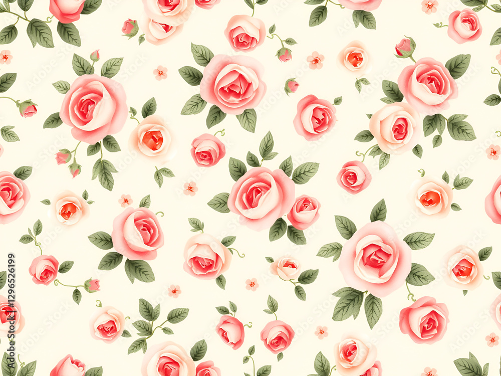 Fototapeta premium Seamless Beautiful Watercolor Roses on a Cream Background