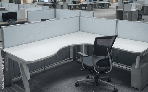 Cubicle with a black chair and a white desk. The cubicle is in a large office with many other cubicles