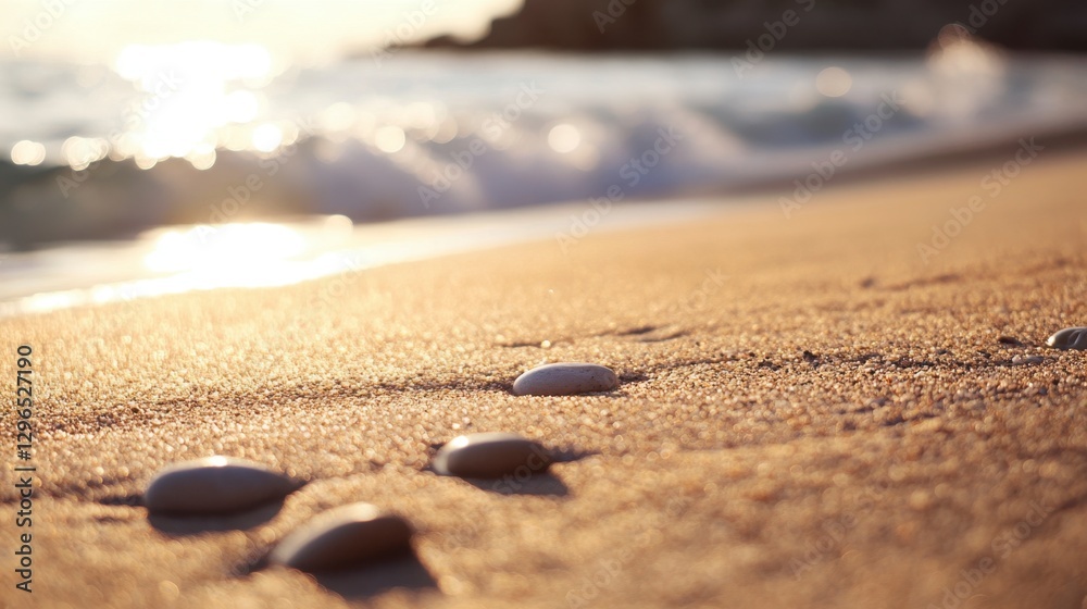 Smooth Stones on Golden Sand with Gentle Ocean Waves in Background Smooth Stones on Golden Sand with Gentle Ocean Waves in Background