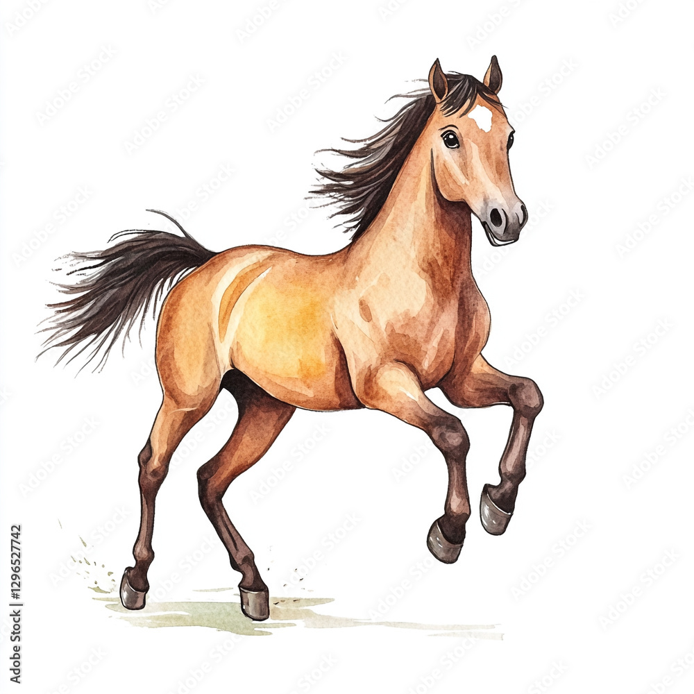 Naklejka premium Cute Minimal Isolated Watercolor of a Horse Running in a Playful Manner Perfect for Animal Lovers and Art Enthusiasts Capturing the Spirit of Freedom and Joy in Nature