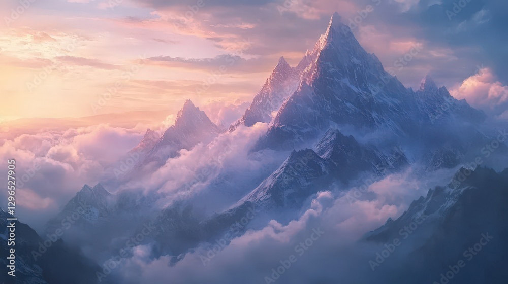 Majestic Peaks Above the Clouds: The breathtaking landscape of snow-capped mountains piercing through a sea of clouds under a pastel sky creates a serene atmosphere Majestic Peaks Above the Clouds: The breathtaking landscape of snow-capped mountains piercing through a sea of clouds under a pastel sky creates a serene atmosphere