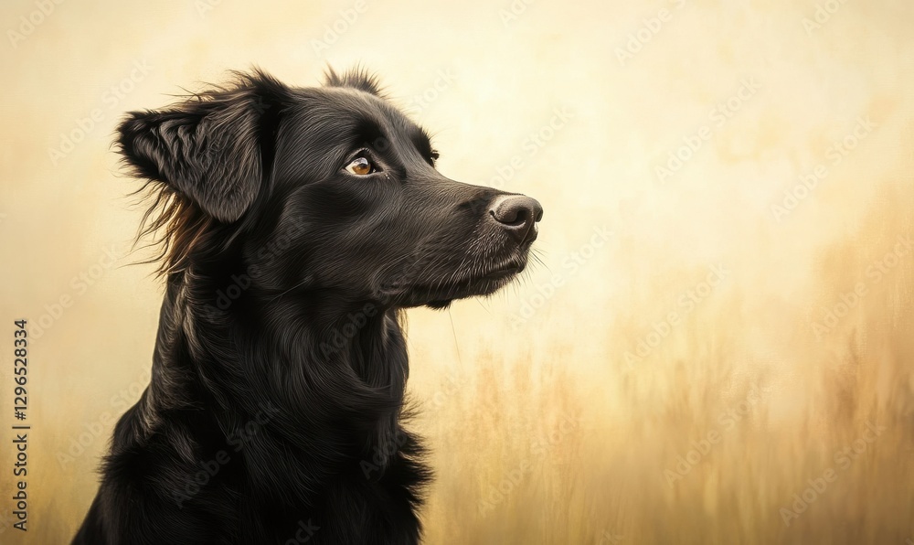 A calm and composed dog with an attentive gaze, captured against a golden field with soft natural light, exuding warmth and loyalty A calm and composed dog with an attentive gaze, captured against a golden field with soft natural light, exuding warmth and loyalty