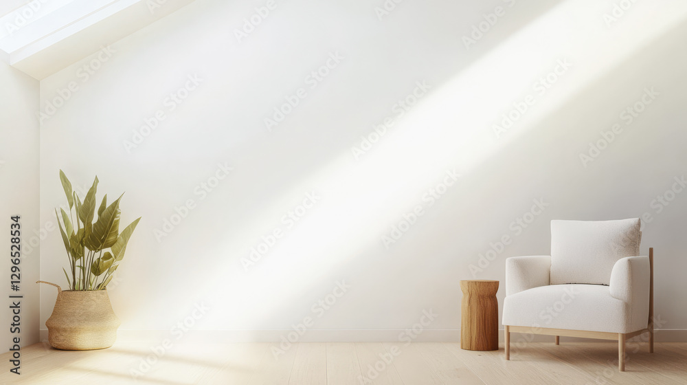 Fototapeta premium Bright and airy interior featuring a cozy chair and potted plant in a sunlit room