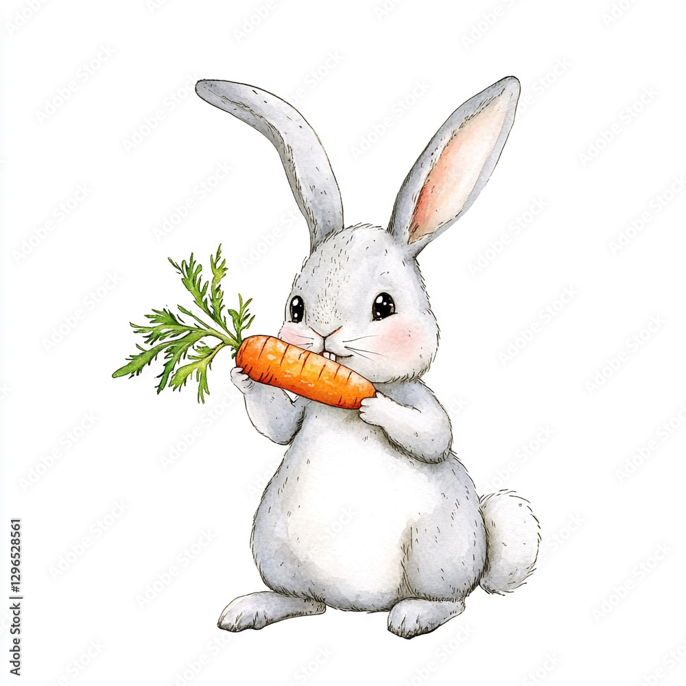 Fototapeta premium Minimalist Image of a Rabbit Eating a Carrot Isolated on White Background Perfect for Nature and Animal Lovers Illustrating the Simple Joys of Life in a Clean and Modern Style