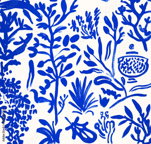 ultramarine blue wallpaper with flower hand painting
