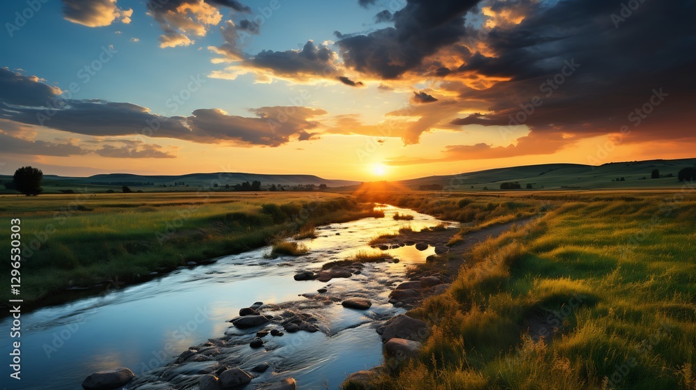 Serene Sunset Over Rolling Hills and River Stream Serene Sunset Over Rolling Hills and River Stream