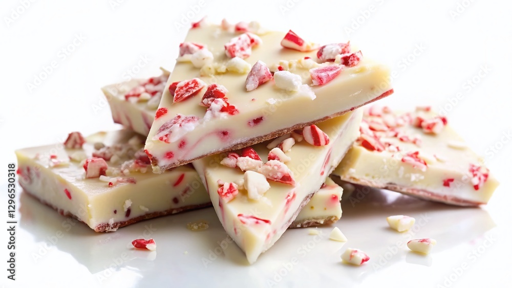Homemade Peppermint White Chocolate Bark Candy Isolated on White Background - Delicious Festive Treat Homemade Peppermint White Chocolate Bark Candy Isolated on White Background - Delicious Festive Treat