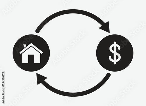 Home mortgage payment rotation single icon vector in silhouette style. Symbol of income turnover or house sale. Vector illustration