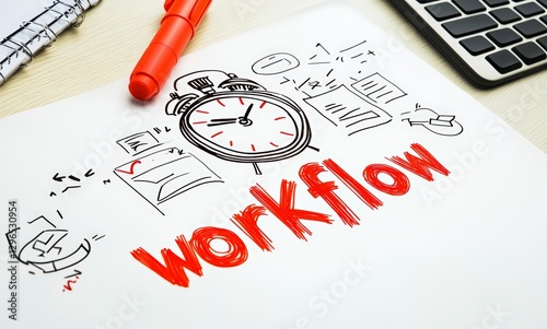 workflow diagram with clock and red marker on whiteboard