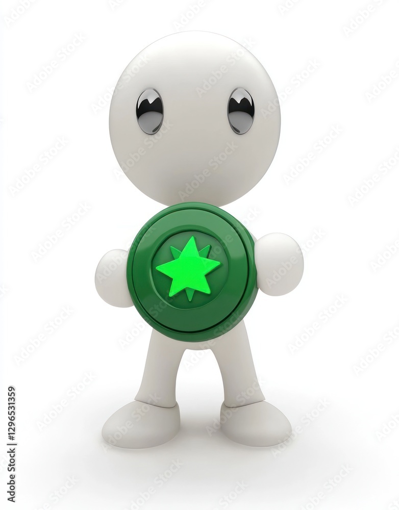 Tiny figure with star emblem holds up award isolated on white background for success