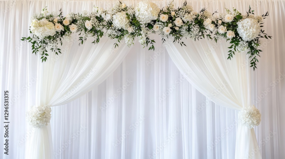 Wedding reception backdrop featuring soft fabric draping, golden accents, and a flower-filled arch, with space for text or logos. Wedding reception backdrop featuring soft fabric draping, golden accents, and a flower-filled arch, with space for text or logos.