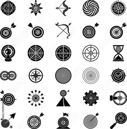 Target Icons Archery, Aim, Goals, Accuracy, Success, Strategy, Precision, Darts, Compass, Time