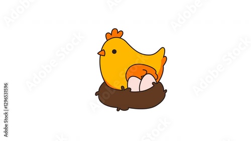 A charming cartoon illustration of a yellow chicken nestled comfortably in a brown nest with two eggs, perfect for easter or spring themes