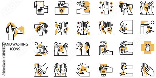Hand Washing simple concept 24 colour icons set. Contains such Hand Washing, soap, sanitizer, drier, steps, soap bubbles .Vector illustration.