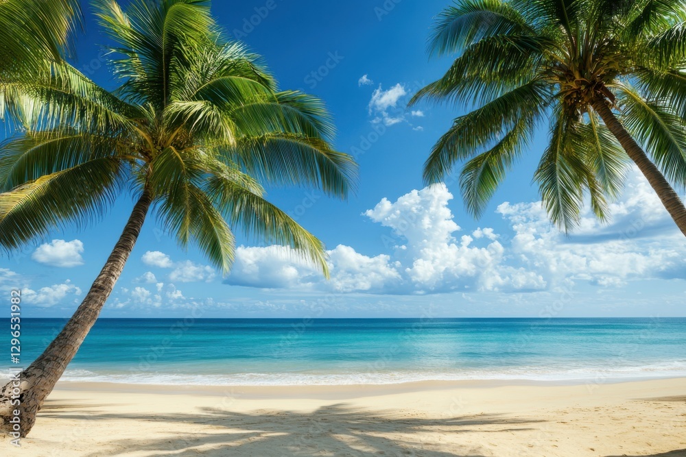 Obraz premium Tranquil palms gently swaying on a serene tropical beach with golden sands and vibrant blue skies, ideal for vacation bliss and relaxation imagery
