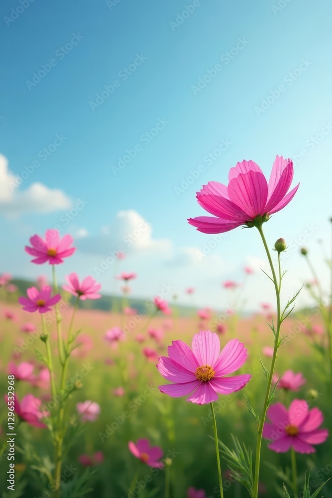 Pink cosmos flowers sway gently in a summer field , petal, rural Pink cosmos flowers sway gently in a summer field , petal, rural