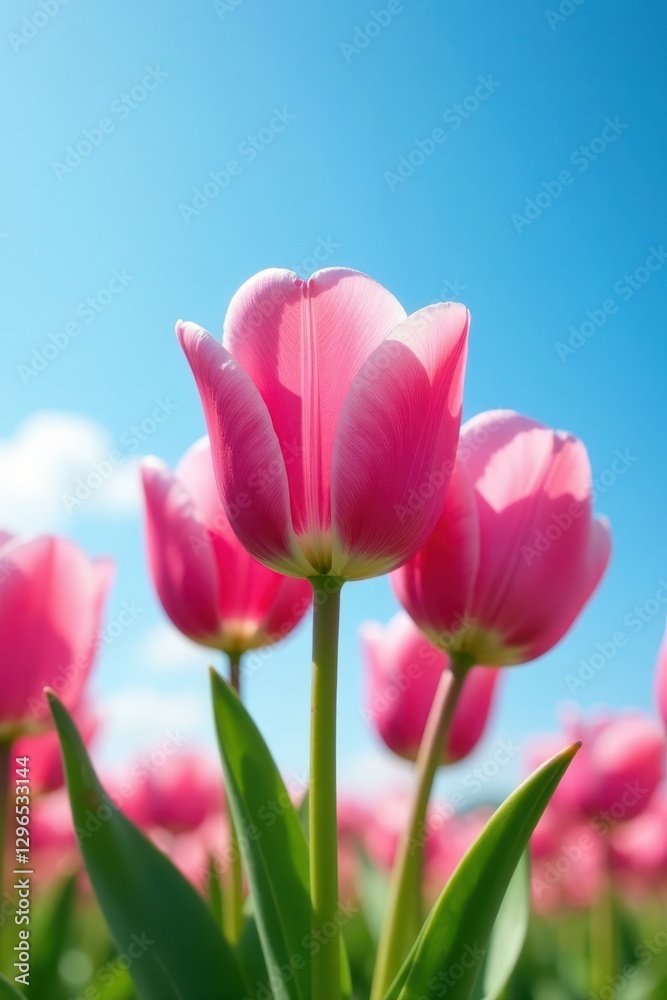 Obraz premium Pink tulip cluster, clear azure sky, bright spring scene, spring, flora