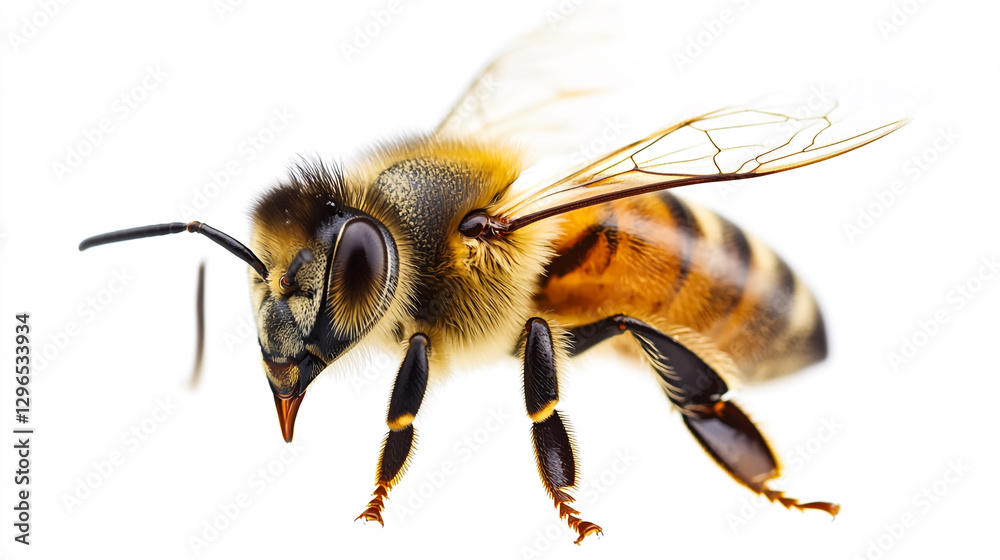 Closeup detailed image of a honeybee insect with wings legs body macro white brown black fauna nature Closeup detailed image of a honeybee insect with wings legs body macro white brown black fauna nature