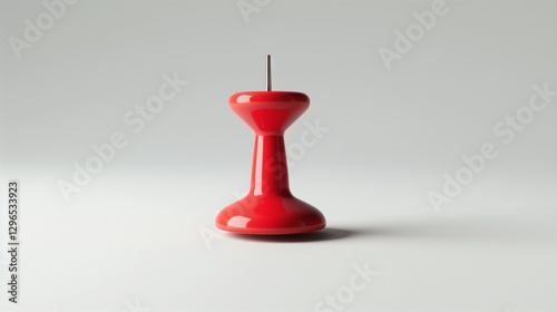 A red push pin with a sharp metal tip, standing upright on a smooth white background.