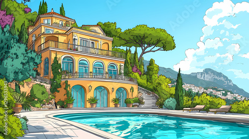 Mediterranean Villa with Pool: A stunning illustration of a luxurious Mediterranean-style villa boasting a turquoise swimming pool, surrounded by lush greenery and overlooking majestic mountains.