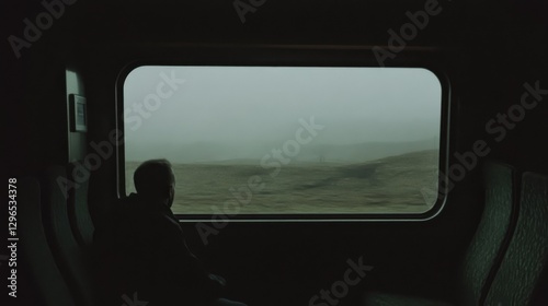 A person daydreaming, gazing out of a train window as the landscape