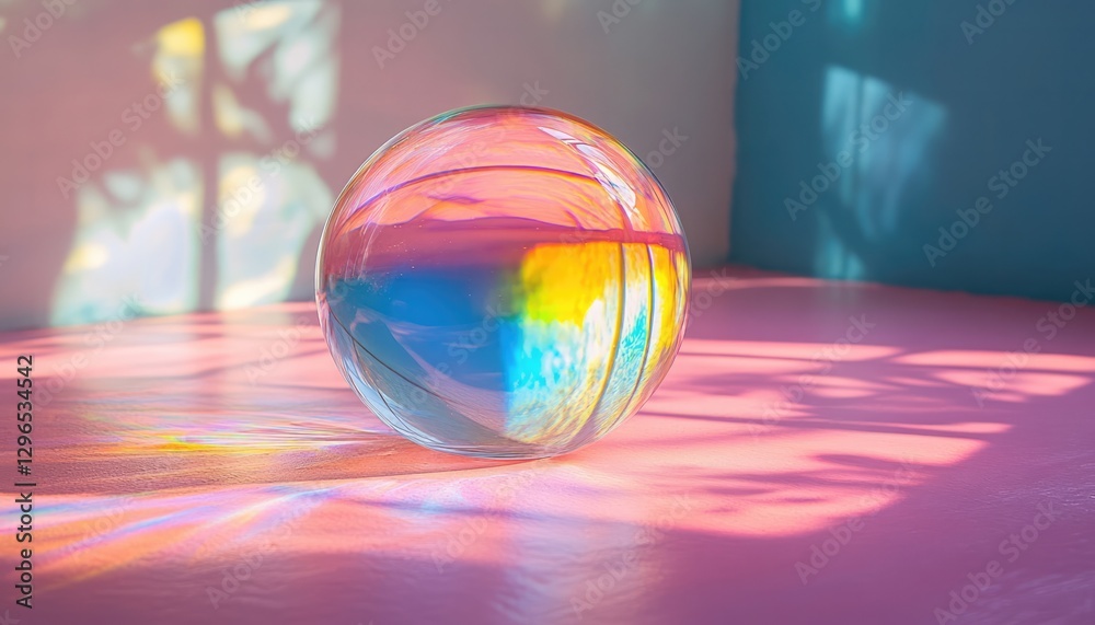 Glass Sphere Casting Soft Rainbow Reflections On A Pink Surface In A Sunlit Room