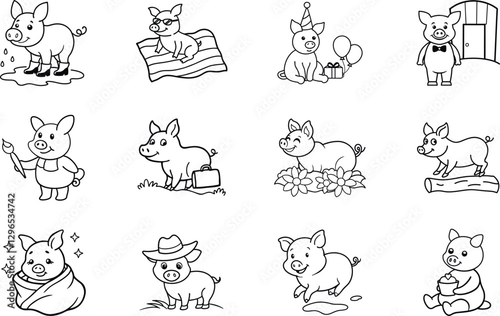 Twelve Adorable Cartoon Pigs Engaging in Various Activities Twelve Adorable Cartoon Pigs Engaging in Various Activities