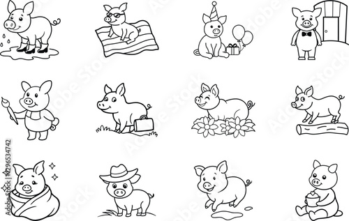 Twelve Adorable Cartoon Pigs Engaging in Various Activities