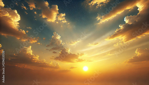 16:9 Widescreen : Sunset sky with soft clouds. Realistic image with soft yellow and orange tones. The sun is setting gently, casting a warm golden glow. Scattered clouds create a peaceful and natural.