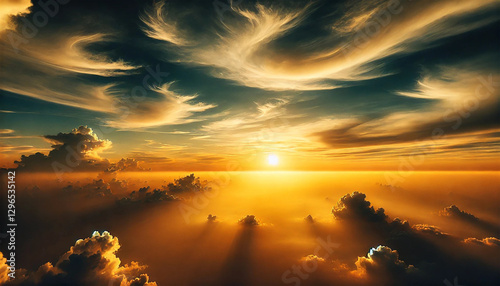 16:9 Widescreen : Sunset sky with soft clouds. Realistic image with soft yellow and orange tones. The sun is setting gently, casting a warm golden glow. Scattered clouds create a peaceful and natural.