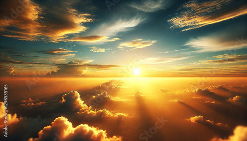 16:9 Widescreen : Sunset sky with soft clouds. Realistic image with soft yellow and orange tones. The sun is setting gently, casting a warm golden glow. Scattered clouds create a peaceful and natural.