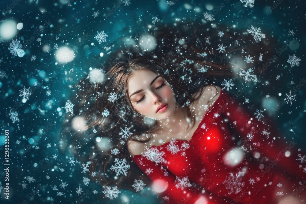 Woman in red, reclining on Snowflex, provides a stark contrast to the icy, snow-like texture beneath her, with her warm attire standing out vividly.