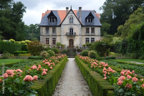 Gravel path leading to french chateau with blooming flowers and boxwood hedges
