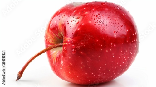 A single ripe red apple with a glossy surface and a small stem, resting on a neutral white background.