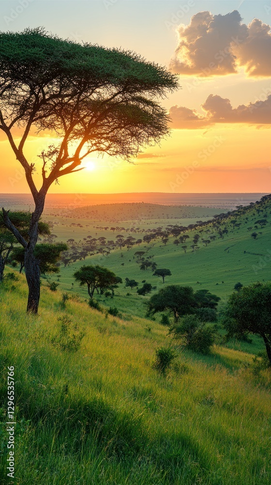 Obraz premium African savanna sunset landscape, travel poster