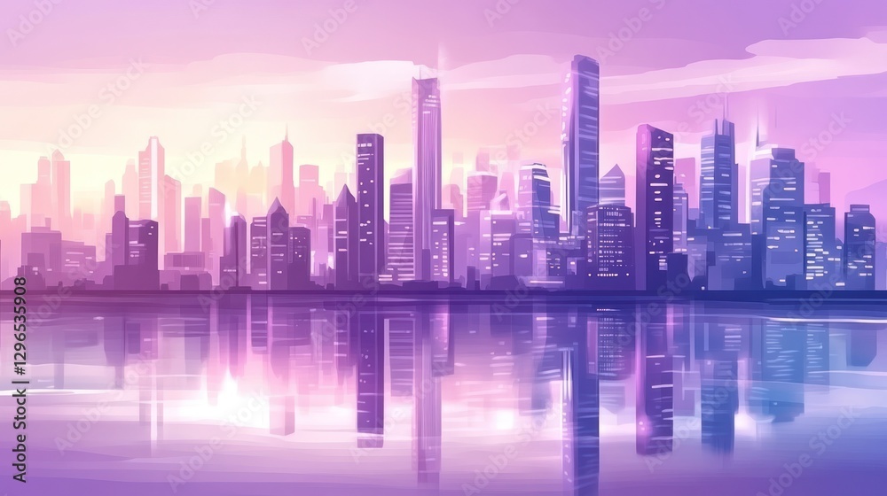 Fototapeta premium Purple Cityscape: A Stunning Reflection of Urban Skyline at Dawn
