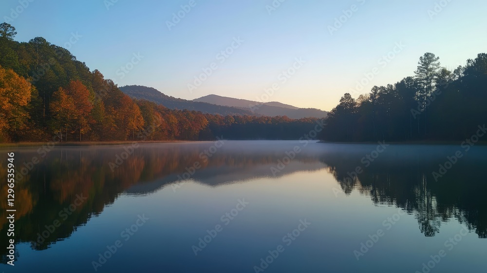 Serene Mountain Lake at Dawn: A tranquil scene of a misty mountain lake reflecting the vibrant hues of autumn foliage against a serene sunrise sky. The air hangs heavy with the promise of a new day. Serene Mountain Lake at Dawn: A tranquil scene of a misty mountain lake reflecting the vibrant hues of autumn foliage against a serene sunrise sky. The air hangs heavy with the promise of a new day.