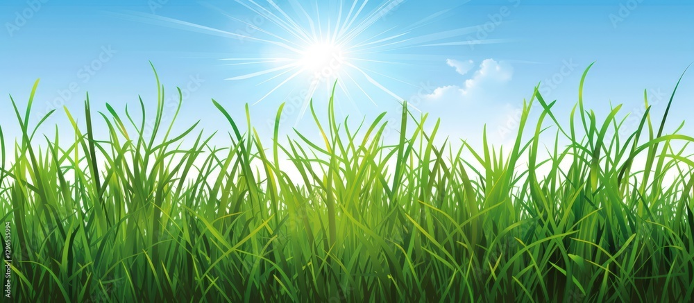 Fototapeta premium Beautiful sun and green grass natural background. AI generated image