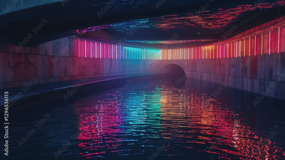 Obraz premium Vibrant Neon Lights Reflecting on Calm Water in Underground Tunnel