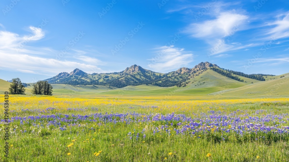 Fototapeta premium Idyllic Mountain Meadow with Wildflowers and Blue Sky Landscape