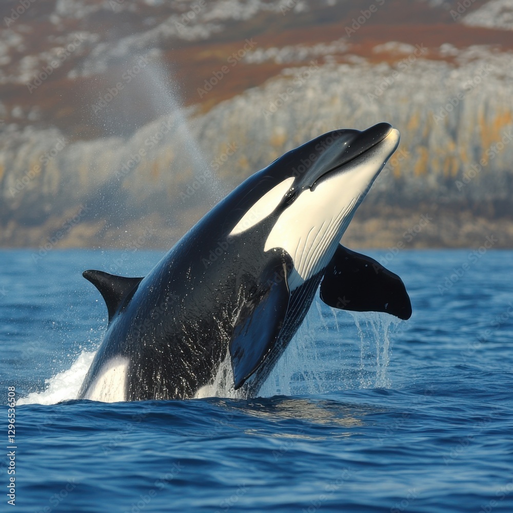 Obraz premium A majestic whale breaching the surface of the ocean against a scenic backdrop.