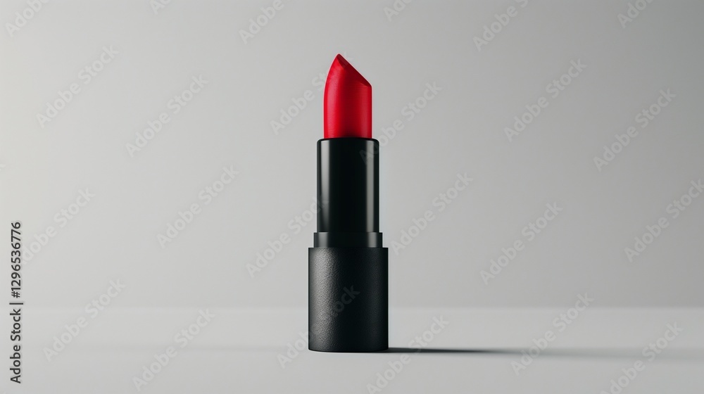A single tube of red lipstick with a matte black casing, standing upright on a smooth white surface. A single tube of red lipstick with a matte black casing, standing upright on a smooth white surface.