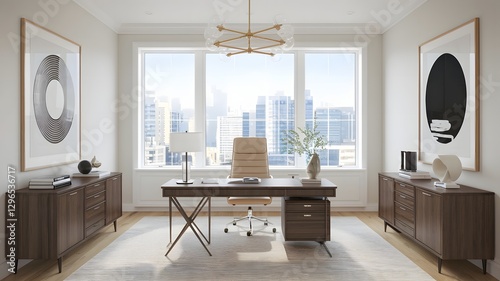 Sleek home office with a minimalist desk, ergonomic chair, and modern art on the walls.