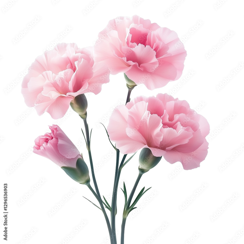 Delicate pink carnations in full bloom, cut out on white or transparent background Delicate pink carnations in full bloom, cut out on white or transparent background