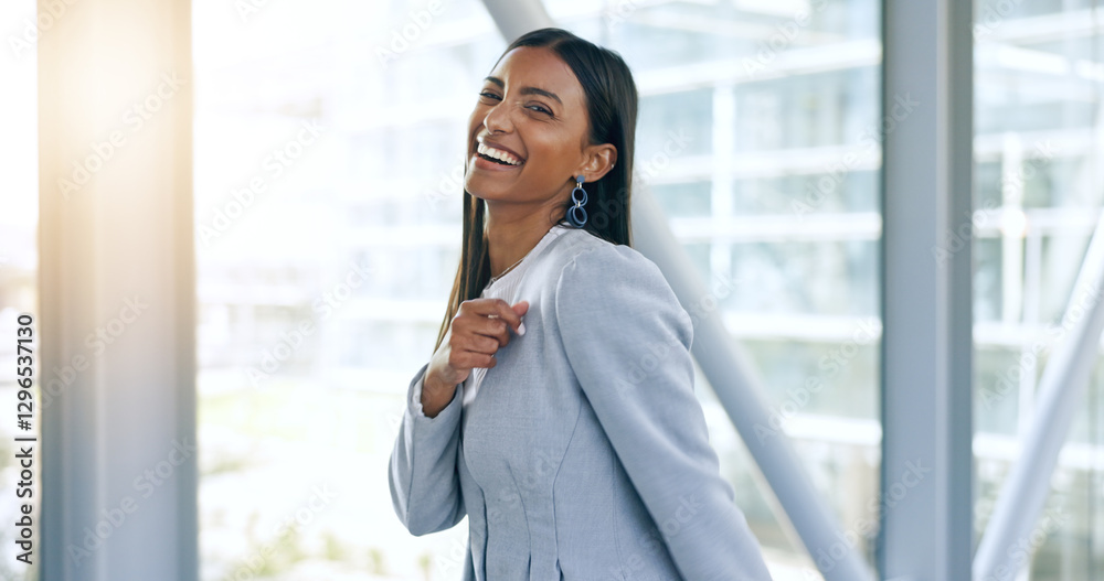 Business woman, happy and portrait in hallway with excited face, laugh and suit for career at office. Employee, corporate staff or worker with comic smile, pride and professional clothes at workplace Business woman, happy and portrait in hallway with excited face, laugh and suit for career at office. Employee, corporate staff or worker with comic smile, pride and professional clothes at workplace