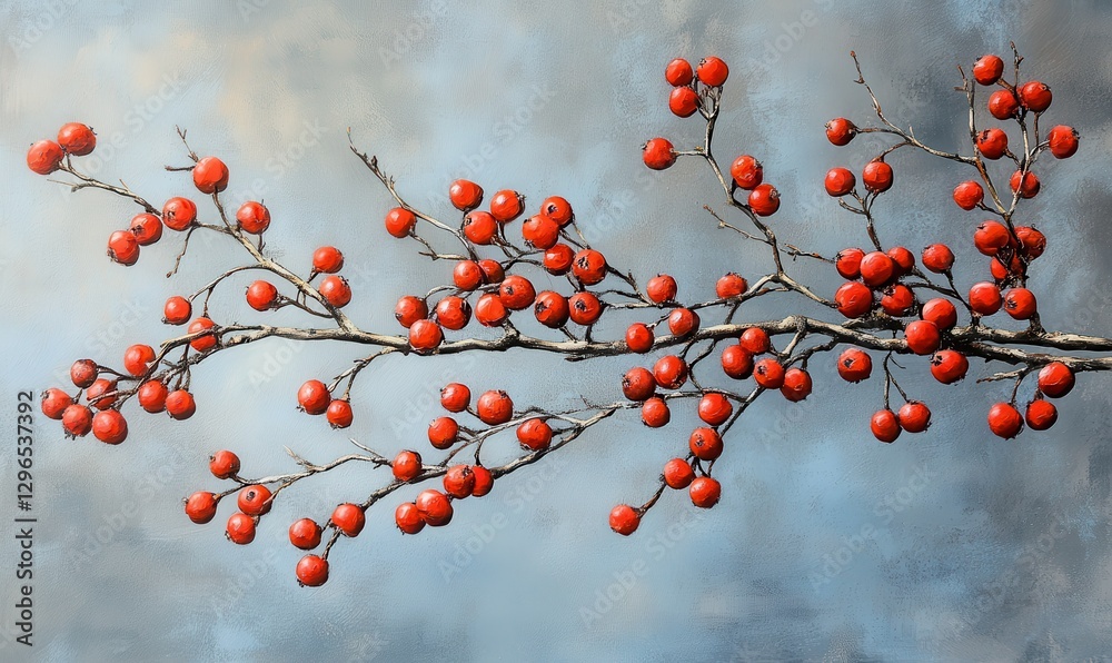 Artistic arrangement of bright red berries on bare branches, set against a soft blue-gray background with diffused natural light for a dramatic composition Artistic arrangement of bright red berries on bare branches, set against a soft blue-gray background with diffused natural light for a dramatic composition