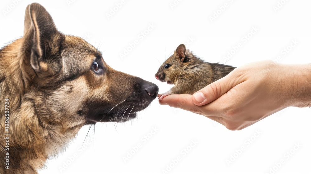 Fototapeta premium The dog gently touches the rat’s tiny paw, a first friendly gesture.